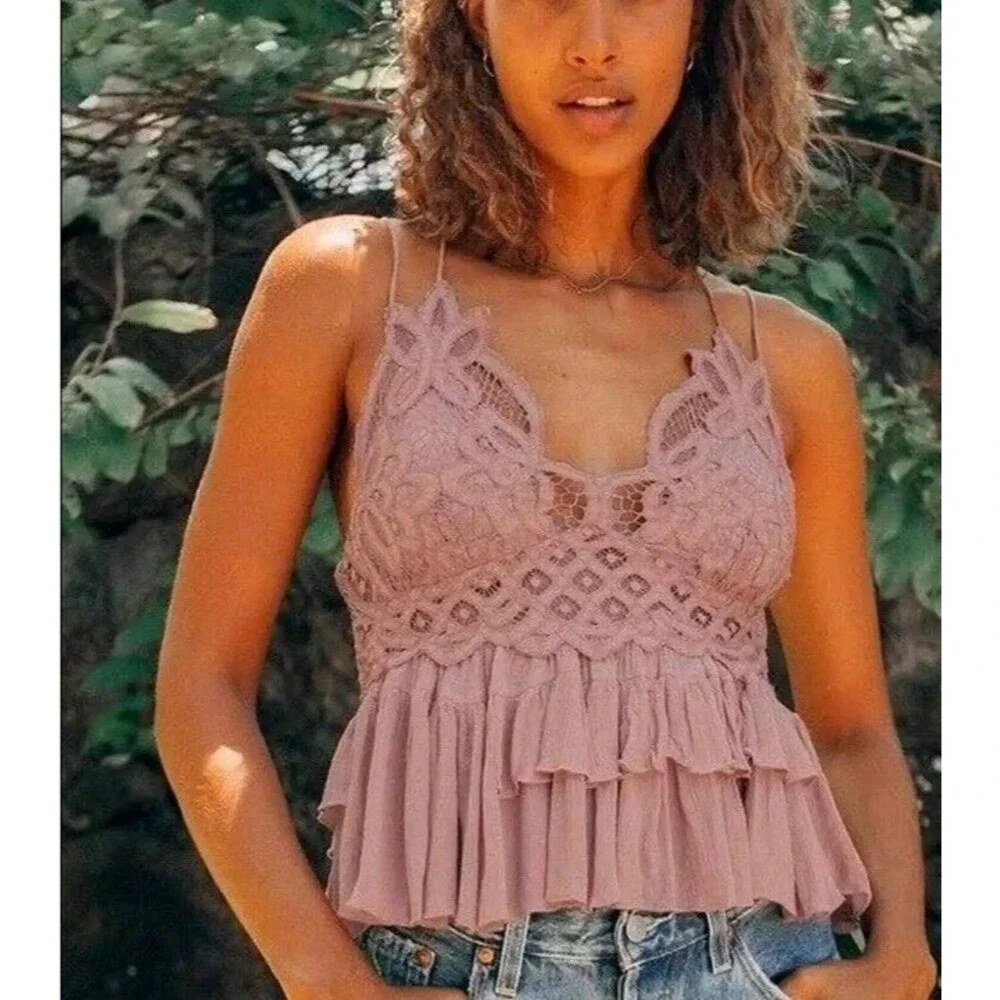 Free People Adella Cami Pink Mauve Boho Chic Lace Top Strappy Blouse Size S New